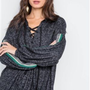 Charcoal Lace Up Long Sleeve Soft Sweater  - vintage designed